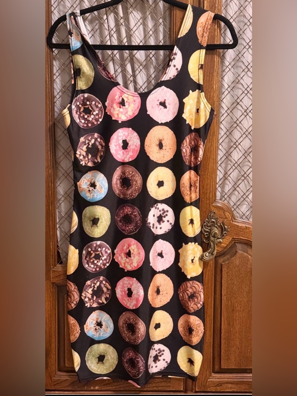 Donut Print Black Bodycon Mini Dress Y2K Novelty SIZE SMALL